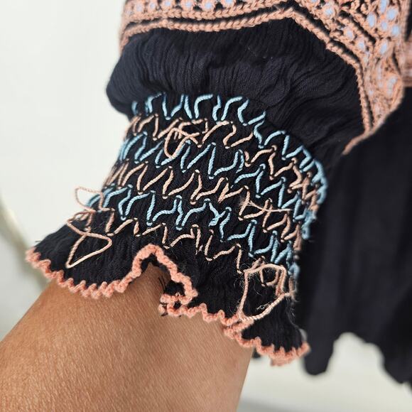 Free People Wind Willow Embroidered Boho Tassel Flowy Dress Black Small - Picture 5 of 12